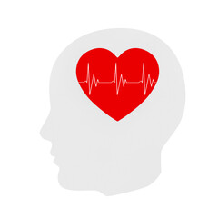 Mental Health Concept. White Abstract Head Contour with Red Heart and HeartBeat Pulse. 3d Rendering