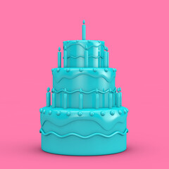 Blue Birthday Cartoon Dessert Tiered Cake with Candles in Duotone Style. 3d Rendering