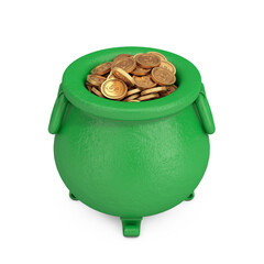 Green Iron Cauldron Pot full of Golden Coins. 3d Rendering