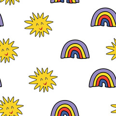 Fototapeta na wymiar Sun and rainbow seamless pattern in 90s style for wrapping, nursery, wallpaper, textile 