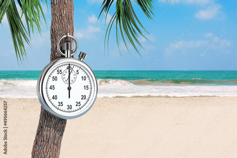 Aufkleber chrome stopwatch hanging on a palm tree on an ocean beach. 3d rendering