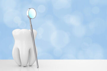 Fototapeta na wymiar Dental Health Concept. Tooth Icon with Dental Inspection Mirror for Teeth. 3d Rendering