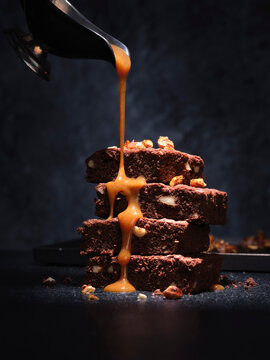 Brownies tower with caramel sauce