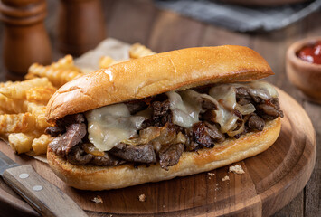 Philly cheesesteak sandwich and french fries - 495664482
