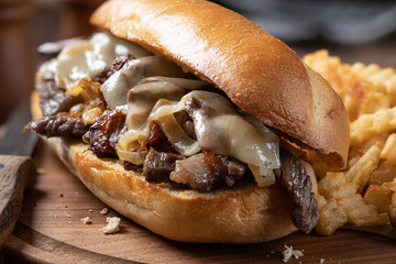 Philly cheesesteak sandwich and french fries - 495664490