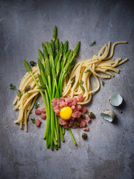 Chitarra Pasta with wild asparagus veal tartare