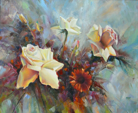 Bouquet of white roses. Contemporary painting on canvas. Large strokes. Still life with flowers. Interior painting