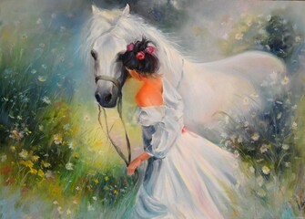 Original oil painting. Drawn white horse and standing next to a girl in a dress. Girl with flowers in her hair. Beautiful landscape.