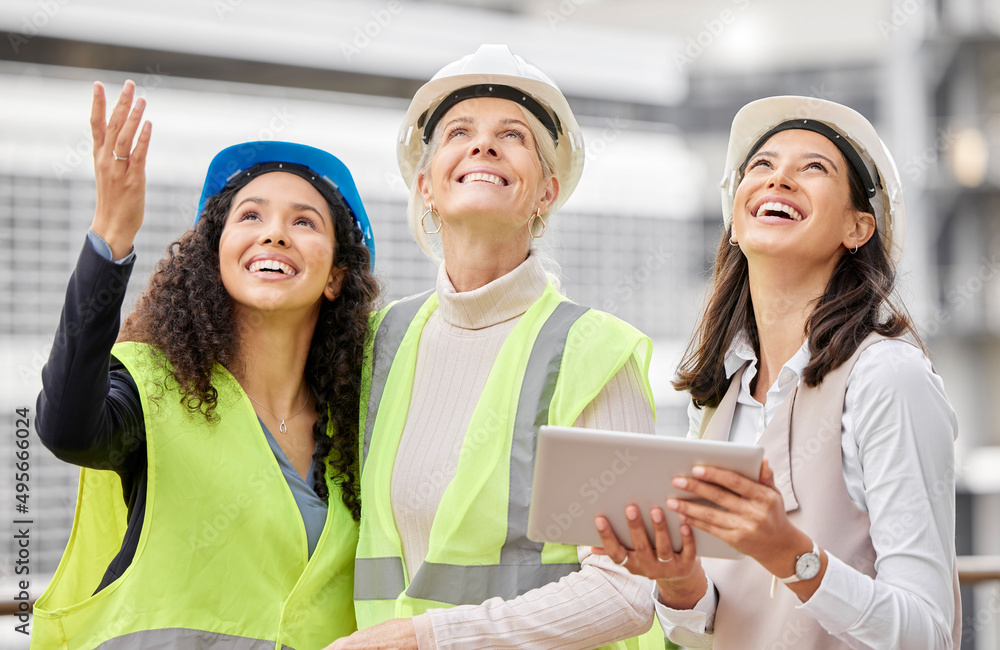 Poster Envisioning the final product. Cropped shot of three attractive female engineers using a tablet while working on a construction site.