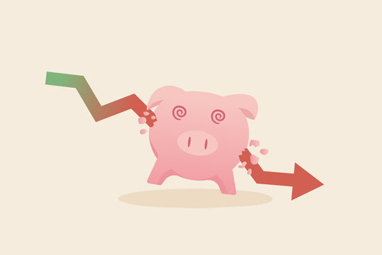 Money loss from investment , Economic crisis financial loss bankruptcy concept..Broken piggy bank destroy by down arrow.