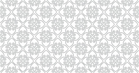 Abstract seamless pattern. Arabic line ornament with geometric shapes. Linear floral ornamental texture. Artistic backdrop in arab orient textile style.