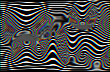 Fototapeta na wymiar White optical illusion waves on black background with rgb shift glitch effect. Abstract background.