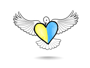 Symbol of peace dove with heart in colors of Ukrainian flag. Stay with peace icon. The concept of no war, peace in Ukraine.