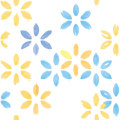 Floral pattern. Flower in color of ukrainian flag seamless watercolor drawn background. Flourish ornamental wallpaper concept design of no war, peace in Ukraine with flowers of peace