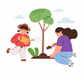 Arbor Day concept vector illustration. Mother and daughter are planting and watering trees.
