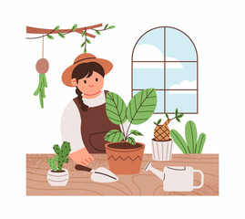 home gardening. Woman growing and caring for plants at home. Hobbies at home vector illustration.