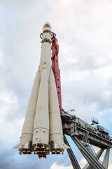 Soviet space rocket Vostok on a holding lateral support mount