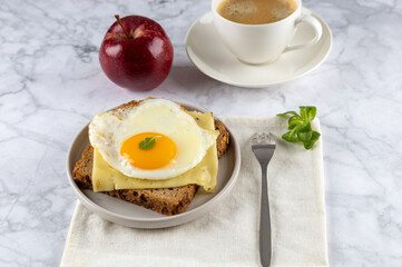 Fototapeta premium Toast with, cheese, fried egg, red apple and cup of coffee on white ceramic plate . Selective focus.