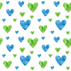 Watercolor seamless pattern with hearts isolated on white. Elements in the shape of a heart in green and blue. For decor, design, printing on paper, scrapbook, fabric. Love style. Valentine's Day.