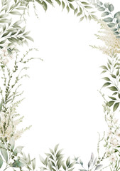 Floral frame, Greenery, Greeting card with foliage, can be used as invitation card for wedding, birthday and other holiday and  summer background. Botanical art.