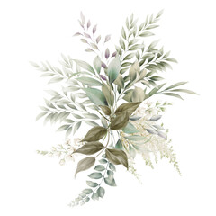 Bouquet of greenery, can be used as greeting card, invitation card for wedding, birthday and other holiday and  summer background. Watercolor illustration