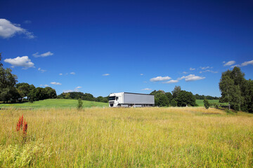 Obraz premium Landscape with a moving truck on the highway.