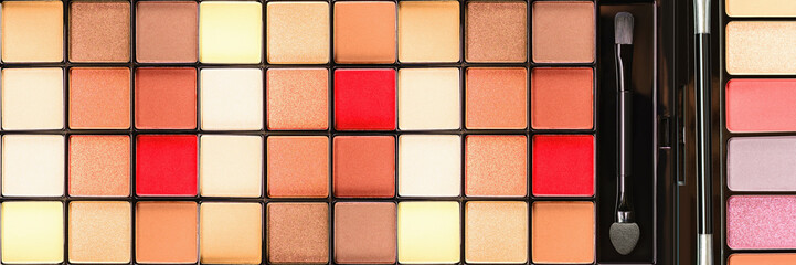 Pallet shadows for applying on face. Eye shadow and eyeliner. Womens beauty. Banner.