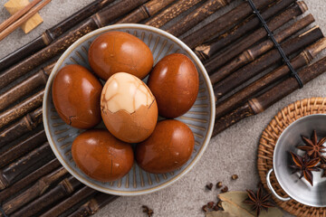 Delicious traditional Taiwanese food tea eggs.