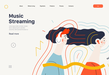 Technology Memphis - music streaming -modern flat vector concept digital illustration of young people wearing headphones listening the music, streaming application. Creative landing web template