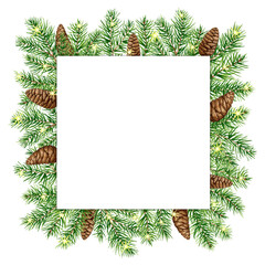 Fototapeta na wymiar Watercolor Christmas square Frame, Pine frame with branches, pine cones, lights