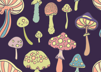Magic mushrooms seamless pattern. Psychedelic hallucination. 60s hippie retro art. Vintage psychedelic textile, fabric, wrapping paper, wallpaper. Vector repeating illustration.