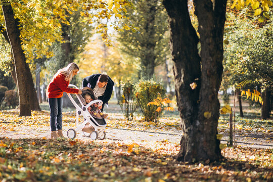 Family with baby daugher in a baby carriage walking an autumn park