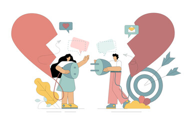 Love concept. Man and woman connect hearts. Dating in social networks Vector illustration