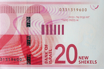 New Israeli money bills (banknotes) of 20 shekel close-up - obrazy, fototapety, plakaty