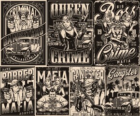 Monochrome posters with gangsters and criminals