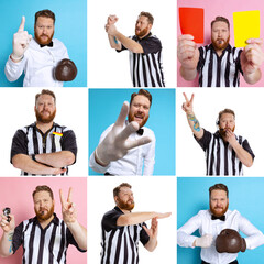 Collage. One young bearded man, soccer or football referee emotionally posing isolated on...