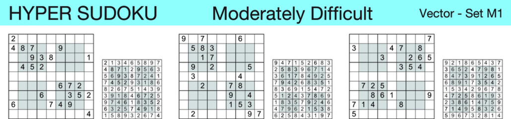 A set of 3 moderately difficult scalable hyper sudoku puzzles suitable for kids, adults and seniors and ready for web use, or to be compiled into a standard or large print paperback activity book.