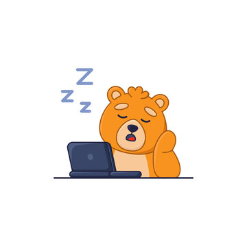Tired bear cartoon character sitting in front of laptop sticker. Cute sleepy comic forest animal working on computer flat vector illustration isolated on white background. Wildlife, emotions concept