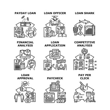 Loan Finance Bank Set Icons Vector Illustrations. Officer Make Financial Analysis And Approval Loan For Shark Businessman, Payday And Pay Per Click, Application And Paycheck Black Illustration © vectorwin