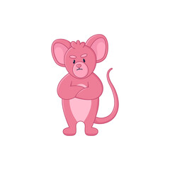 Angry pink mouse with folded arms cartoon character sticker. Disappointed comic rat flat vector illustration isolated on white background. Emotions, animals concept