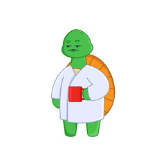 Funny turtle cartoon character holding coffee mug sticker. Cute comic tortoise in bathroom robe in morning flat vector illustration isolated on white background. Emotions, animals concept