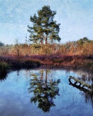 Watercolor and pastel drawing Finland  nature landscape, mystical foggy forest, autumn trees trend popular print for poster, textile or canvas. Modern fine arts design wallpaper. Wall art oil painting