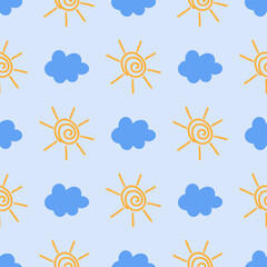 Sun and cloud seamless pattern. Scandinavian style background. Vector illustration for fabric design, gift paper, baby clothes, textiles, cards.