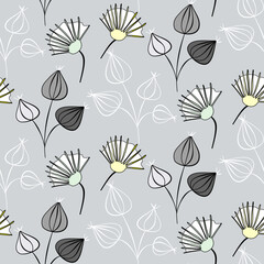 Vector seamless half-drop pattern, with leaves and flowers