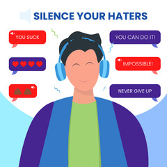 man using headphone smile calmly ignore and mute haters messages