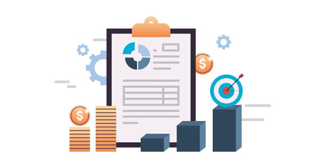 Data Management system with the concept of business analysis and key performance indicators provide information for marketing analysis on virtual computer flat illustration. 