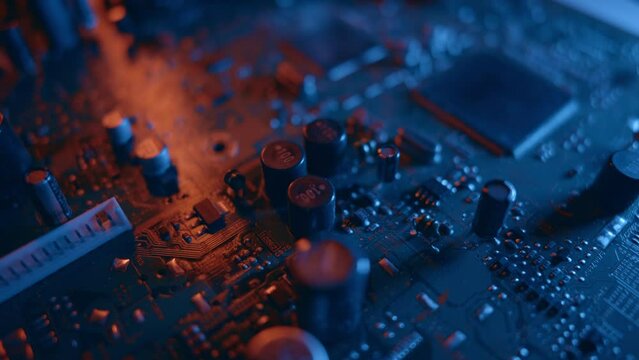 Integrated circuit board with processor close up. Electronic chip component on the blue printed pcb. Concept of computer hardware and digital computing of big data