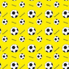 Seamless pattern with balls and football, soccer lettering on a yellow background. Vector design for baby products, diapers, clothes, textiles, wrapping paper, prints, decorations, packaging