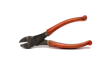 Closeup old sharp pliers cutting white background