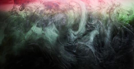 Green smoke on black ink background, colorful fog, abstract swirling touch ocean sea, acrylic paint pigment underwater